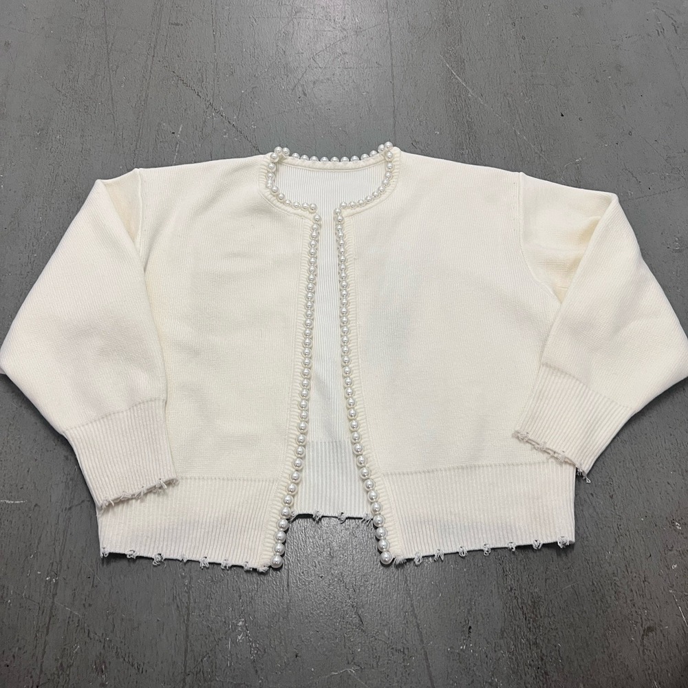 Commense Women's Pearl Trim Cropped Cardigan Sweater White XL Elegant Open Front